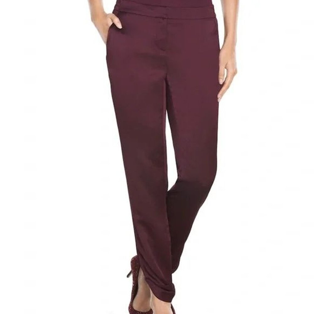 WHBM Burgundy Silky Satin Tulip Hem Pants, Holiday Party Going Out Outfit